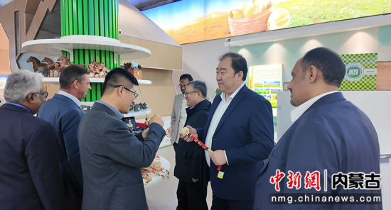 图为众人在内蒙古优质农畜产品展销中心参观。 伊博 摄 图为众人在内蒙古优质农畜产品展销中心参观。 伊博 摄